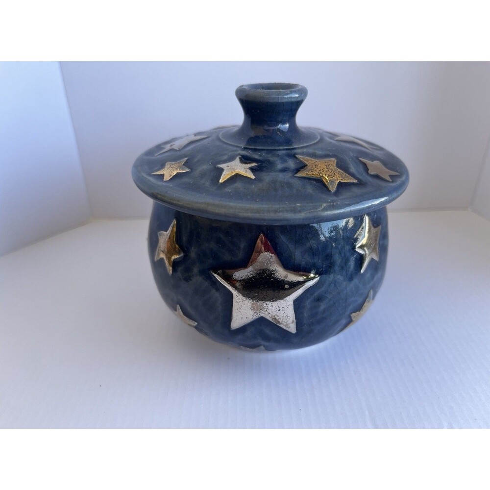 Celestial Stars Cobalt Blue Trinket Jar Pottery Signed And Numbered